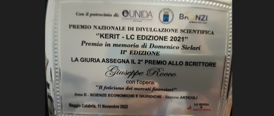 Riconoscimento a Giuseppe Rocco dal Premio Kerit 2021